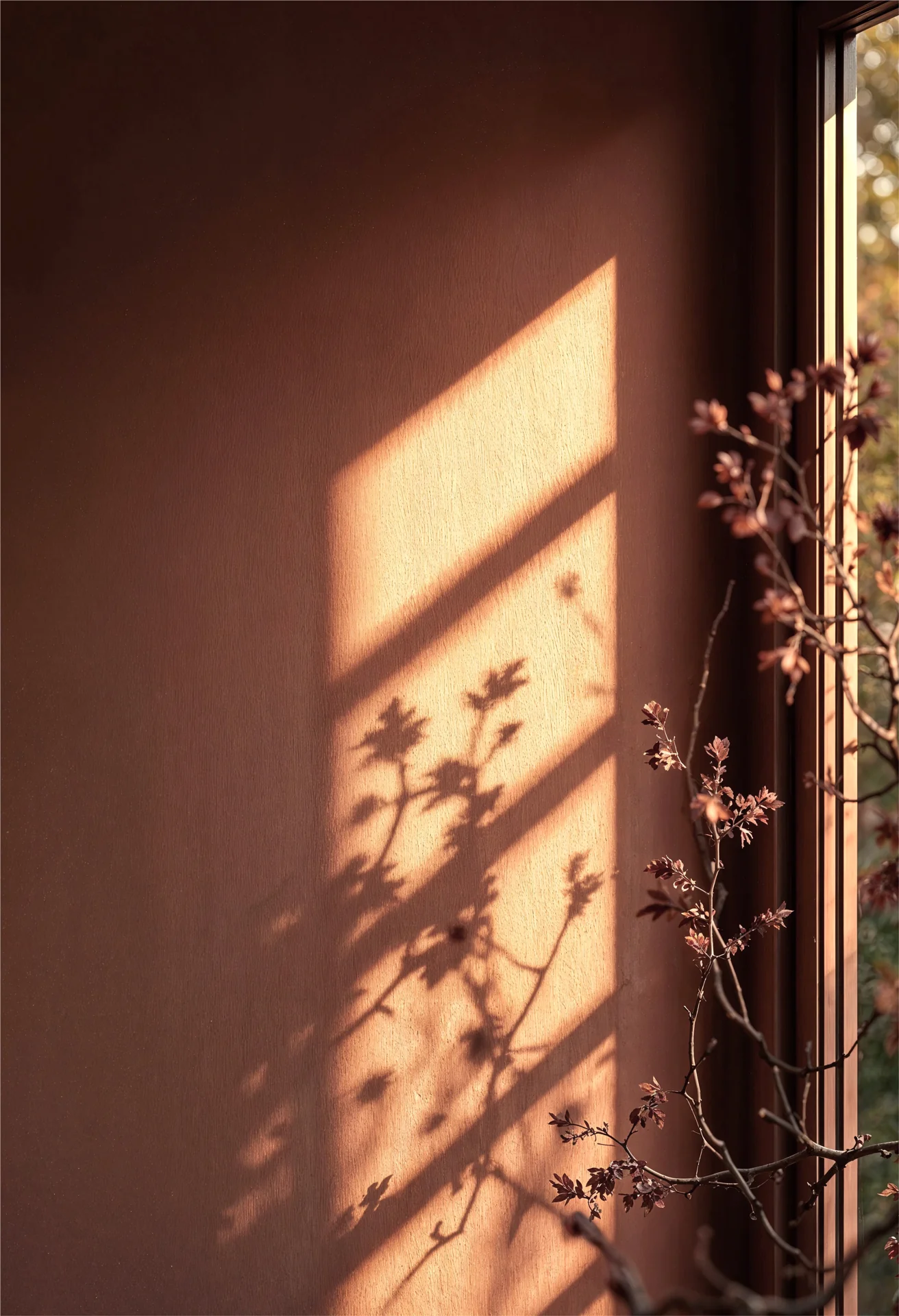 Luz da janela e sombras sobre uma parede em tons quentes