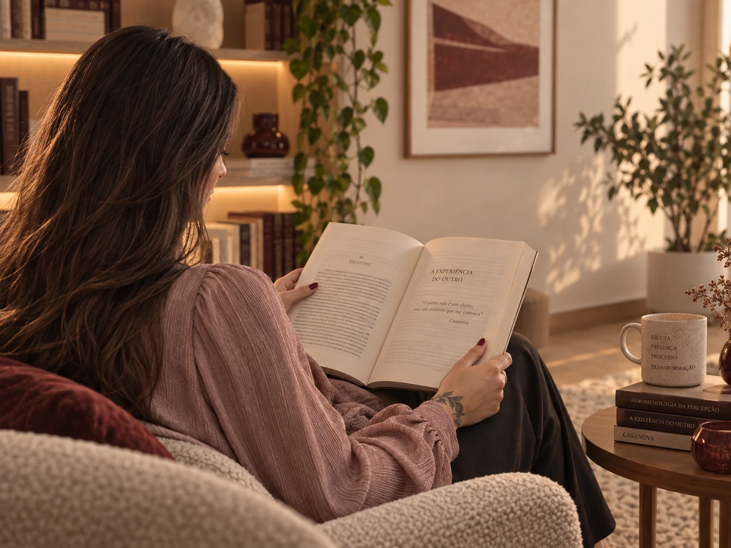 Eduarda sentada lendo, com um livro aberto nas mãos, em um ambiente de luz quente