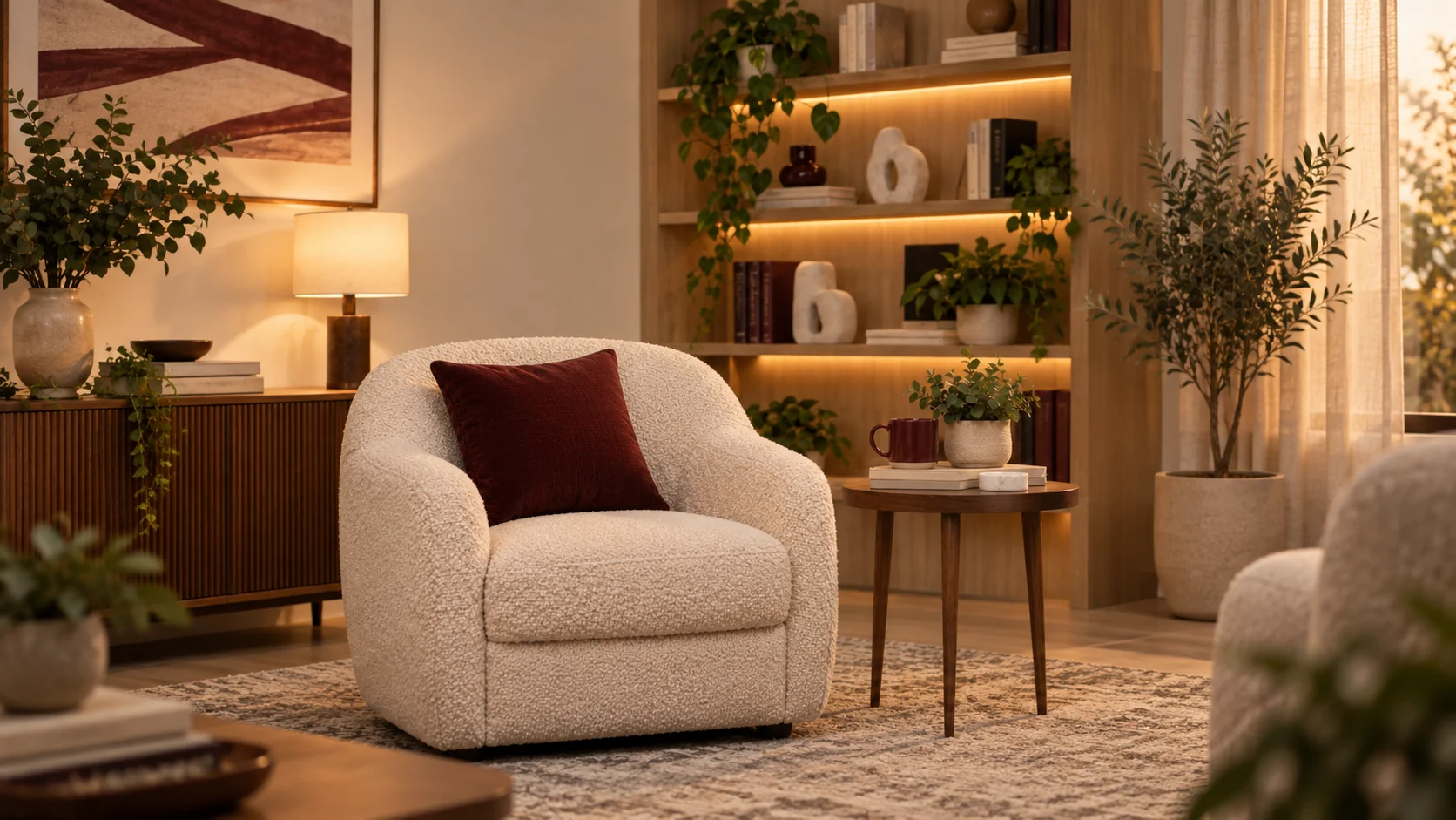 Ambiente conceitual de acolhimento: poltronas, livros e luz quente