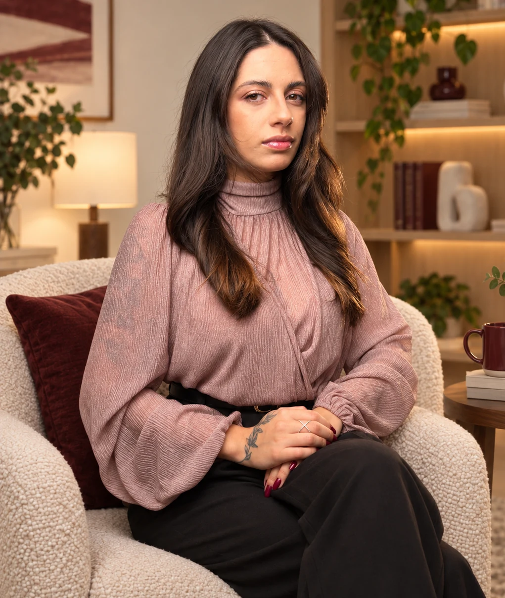 Eduarda Goulart sentada em uma poltrona, em um ambiente acolhedor
